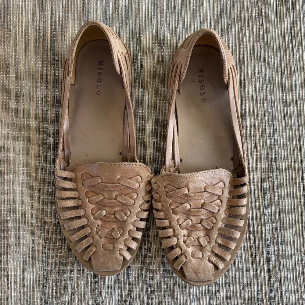 NISOLO | Women's Leather Slip-On Huarache Sandals in Almond Size 9.5
